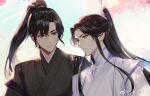  2boys artist_name bishounen black_eyes black_hair black_robe blue_sky chinese_clothes chinese_commentary chu_wanning closed_mouth commentary_request day erha_he_tadebai_mao_shizun expressionless floating_hair hair_between_eyes hair_ornament hanfu high_ponytail highres long_hair looking_at_another male_focus mo_ran multiple_boys outdoors parted_bangs ponytail robe sheng3_3 sidelocks sky smile upper_body weibo_logo weibo_username white_robe yellow_eyes 