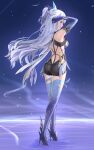  1girl absurdres ass back bare_shoulders breasts closed_mouth dealesis detached_sleeves dress expressionless full_body genshin_impact gradient_gloves grey_hair hair_ornament highres long_hair looking_at_viewer medium_breasts pink_eyes purple_sleeves skirk_(genshin_impact) solo standing very_long_hair 
