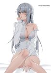  1girl absurdres blush braid breasts covered_nipples grey_eyes grey_hair hair_between_eyes highres large_breasts liv_(punishing:_gray_raven) long_hair long_sleeves open_clothes open_mouth open_shirt punishing:_gray_raven shirt sidelocks skaven_gongcheng_shushi white_background white_shirt 