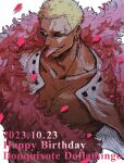  1boy absurdres blonde_hair character_name coat dated donquixote_doflamingo earrings english_text eyes_visible_through_eyewear feather_coat happy_birthday highres jewelry looking_at_viewer male_focus muscular muscular_male one_piece open_clothes pectorals pink_coat shirt short_hair sunglasses teeth tongue tongue_out tsuru_356 upper_body upper_teeth_only white_shirt 