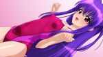  1girl absurdres breasts collarbone commentary_request competition_swimsuit covered_navel cowboy_shot dutch_angle gradient_background highres long_hair one-piece_swimsuit original purple_eyes purple_hair red_one-piece_swimsuit sideways small_breasts smile solo sugimura_tomokazu swimsuit two-tone_swimsuit w_arms 