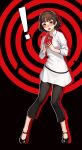  ! 1girl beeeeen black_background black_footwear black_pants blush book braid brown_hair collared_dress crown_braid dress embarrassed eyelashes full_body hands_up highres holding leaning_to_the_side long_sleeves lower_teeth_only medium_hair niijima_makoto open_mouth pants persona persona_5 red_background red_eyes sidelocks solo standing sweatdrop teeth toe_cleavage two-tone_background white_dress 