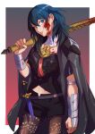  1girl armor black_armor black_cape black_shorts blood blood_on_clothes blood_on_face blue_eyes blue_hair border brown_pantyhose byleth_(female)_(fire_emblem) byleth_(fire_emblem) cape closed_mouth commentary_request expressionless fire_emblem fire_emblem:_three_houses hair_between_eyes head_tilt highres holding holding_sword holding_weapon knife long_hair navel nzmnnkk outside_border pantyhose sheath sheathed shorts solo sword sword_of_the_creator weapon white_border 