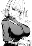  1girl absurdres between_breasts breasts fate/grand_order fate_(series) florence_nightingale_(fate) fujimaru_ritsuka_(male) fukuidesu0110 gloves greyscale highres large_breasts long_hair monochrome pov pov_hands smile strap_between_breasts white_background 