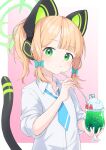  1girl animal_ear_headphones animal_ears blonde_hair blue_archive blue_bow blue_necktie blunt_bangs blush bow cat_ear_headphones cat_tail closed_mouth collared_shirt commentary cup expressionless fake_animal_ears flat_chest food green_eyes green_halo hair_bow halo headphones high_ponytail highres holding holding_cup holding_spoon ice_cream ice_cream_float jakomurashi looking_at_viewer medium_bangs midori_(blue_archive) necktie pink_background ponytail shirt short_hair sleeves_rolled_up solo spoon tail upper_body white_shirt 