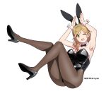  1girl animal_ears armpits artist_name bare_shoulders blonde_hair bow bowtie breasts detached_collar fake_animal_ears fang full_body green_eyes high_heels highres inuyama_aoi large_breasts leotard long_hair one_eye_closed open_mouth pantyhose playboy_bunny rabbit_ears rabbit_pose sentra simple_background solo strapless strapless_leotard white_background wrist_cuffs yurucamp 