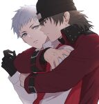  2boys aragaki_shinjirou beanie black_gloves black_headwear brown_hair closed_mouth coat collared_shirt gloves grey_eyes grey_hair hair_between_eyes hat hug hug_from_behind isa_(peien516) long_hair long_sleeves male_focus multiple_boys parted_lips persona persona_3 red_coat red_sweater_vest sanada_akihiko shirt simple_background sweater_vest upper_body white_background white_shirt yaoi 