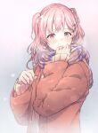  1girl absurdres bang_dream! blurry blurry_background coat hand_up highres hiromachi_nanami light_blush looking_at_viewer medium_hair pink_eyes pink_hair scarf snow solo sou_(user_hgyh8775) two_side_up upper_body winter_clothes 
