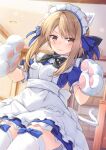  1girl animal_ears animal_hands apron black_bow blue_bow blue_dress blurry blurry_background blush bow brown_eyes brown_hair cat_ears cat_tail closed_mouth dress fake_animal_ears frills gloves highres ina_(inadahime) indoors looking_at_viewer maid maid_headdress original paw_gloves puffy_short_sleeves puffy_sleeves short_sleeves solo tail thighhighs tsubaki-chan_(ina_(inadahime)) white_apron white_thighhighs 