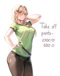  1girl absurdres alex_(minecraft) arm_behind_head blonde_hair blush breasts brown_pants commentary cowboy_shot english_commentary english_text green_eyes green_shirt hand_on_own_hip highres large_breasts long_hair machulanko meme minecraft pants shirt short_sleeves simple_background solo twitter_strip_game_(meme) white_background 