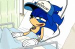  2023 anthro baseball_cap bed blue_body blue_fur cartoon_network clothing discount-supervillain eulipotyphlan fur furniture gloves handwear hat headgear headwear hedgehog hospital_bed intravenous_drip male mammal parody regular_show sega smile solo sonic_the_hedgehog sonic_the_hedgehog_(series) text text_on_clothing text_on_hat text_on_headwear 