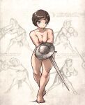  1girl blue_eyes breasts buckler cleavage closed_mouth full_body highres holding holding_weapon instruction_manual ironlily looking_at_viewer medium_breasts muscular muscular_female nude original shield short_hair smile sword weapon 
