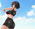  1girl ass bike_shorts black_shorts black_sports_bra blue_eyes blue_sky clothes_writing cloud cloudy_sky commentary day english_text from_behind girls_und_panzer grin highres interlocked_fingers looking_at_viewer looking_back mauko_(girls_und_panzer) midriff nabeyu outdoors own_hands_together short_hair shorts single_vertical_stripe sky smile solo sports_bra sportswear stretching sweat tan tanlines 