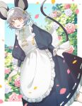  1girl absurdres animal_ears apron black_dress border commission dress falling_petals flower grey_hair highres maid maid_apron maid_headdress mouse_ears mouse_tail nazrin orange_eyes petals pink_flower short_hair skeb_commission solo tail toraneko_2 touhou white_apron white_border white_flower white_headdress 