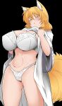  1girl absurdres animal_ears black_background blonde_hair blush breasts clothes_lift commentary dress dress_lift fox_ears fox_tail hair_between_eyes half-closed_eyes highres huge_breasts lifted_by_self medium_hair mizuga multiple_tails no_headwear parted_lips simple_background solo symbol-only_commentary tail touhou triangle_mouth underwear white_dress yakumo_ran yellow_eyes 