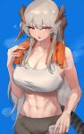  1girl 360_(taiyo360) abs absurdres arknights black_pants blue_background breasts cleavage collarbone dragon_horns grey_hair grey_sports_bra highres horns large_breasts long_hair looking_at_viewer muscular muscular_female navel open_mouth orange_eyes pants saria_(arknights) simple_background solo sports_bra standing sweat tight_clothes tight_pants towel towel_around_neck upper_body yoga_pants 