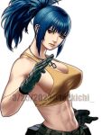  1girl bare_shoulders belt blue_eyes blue_hair breasts crop_top dated dog_tags gloves leona_heidern midriff muscular muscular_female navel pants ponytail solo tank_top te2kichi the_king_of_fighters the_king_of_fighters_xv twitter_username watermark web_address yellow_tank_top 