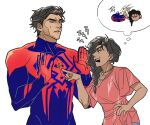  1boy 1girl brown_hair closed_eyes dark-skinned_female dark-skinned_male dark_skin earrings gugusam0 hands_up jewelry korean_commentary korean_text marvel miguel_o&#039;hara necklace open_mouth rio_morales sandals scolding simple_background spider-man:_across_the_spider-verse spider-man_(2099) spider-man_(series) sweatdrop thought_bubble white_background 