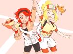  2girls backpack bag baseball_cap bettie_(pokemon) bike_shorts blonde_hair closed_eyes collarbone cowboy_shot cropped_legs flareon hairband hand_up hat highres multiple_girls open_mouth orange_eyes pink_background pokemon pokemon_(creature) pokemon_(game) pokemon_masters_ex red_hair smile sports_bra tina_(pokemon) torchic u4_99384295 