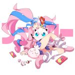  absurdres blue_skirt cardigan cellphone clefairy_sprite_(pokemon) earrings fairy_miku_(project_voltage) flower fossil_sprite_(pokemon) hair_flower hair_ornament hatsune_miku highres igglybuff jewelry jigglypuff leg_warmers long_hair marker multicolored_hair one_eye_covered open_mouth phone pink_cardigan pink_footwear pokedex pokemon pokemon_(creature) pout project_voltage skirt sleeping tlotro twintails two-tone_hair very_long_hair vocaloid 