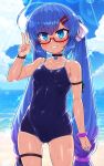  1girl ahoge ass_visible_through_thighs bell black_choker blue_eyes blue_hair blue_sky blush bow breasts cameltoe choker cloud collarbone day fang glasses grin hair_between_eyes hair_bow hand_up highres long_hair looking_at_viewer neck_bell null_(nyanpyoun) ocean one-piece_swimsuit otomachi_una outdoors red-framed_eyewear school_swimsuit semi-rimless_eyewear sky small_breasts smile solo standing striped striped_bow swimsuit thigh_strap twintails v very_long_hair vocaloid wet white_bow 