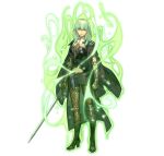  1girl aura black_coat boots breasts brooch byleth_(female)_(fire_emblem) byleth_(fire_emblem) coat commentary_request enlightened_byleth_(female) fire_emblem fire_emblem:_three_houses fire_emblem_heroes fire_emblem_warriors:_three_hopes glowing green_eyes green_hair hidari_(left_side) high_heel_boots high_heels highres holding holding_sword holding_weapon jewelry long_coat looking_at_viewer medium_breasts medium_hair midriff official_art pantyhose possessed solo sword weapon wrist_guards 