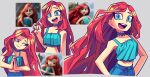 1girl blue_eyes chelsea_(ruby_gillman) grey_background hands_on_own_hips highres hornx3_jk long_hair midriff multiple_views open_mouth red_hair reference_inset ruby_gillman:_teenage_kraken simple_background smile tank_top very_long_hair 
