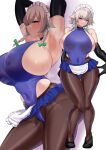  1girl absurdres armpits arms_up bare_shoulders black_gloves black_pantyhose blue_leotard blue_skirt blush braid breasts commentary_request covered_navel covered_nipples elbow_gloves full_body gloves grey_hair highleg highleg_leotard highres huge_breasts izayoi_sakuya leotard looking_at_viewer maid_headdress medium_hair microskirt pantyhose purple_eyes sideboob simple_background sinkai skirt standing thighs touhou twin_braids white_headwear 