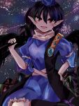  1girl :d armor black_hair blue_dress blue_hair blush breasts dark_blue_hair dress geta hair_between_eyes hand_on_own_hip hand_up hat highres holding_tripod iizunamaru_megumu long_hair looking_at_viewer night night_sky open_mouth pauldrons pointy_ears red_eyes short_sleeves shoulder_armor single_pauldron skirt sky sleeves_past_elbows small_breasts smile solo star_(sky) sutaku77224 tengu-geta tokin_hat touhou waistcoat wings 