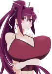  1girl arm_under_breasts bare_shoulders blush breasts camisole cleavage hair_ribbon high_ponytail highres huge_breasts long_hair midriff notice_lines purple_hair red_camisole red_eyes ribbon smile solo tsu-mo3 under_night_in-birth very_long_hair white_ribbon yuzuriha_(under_night_in-birth) 