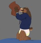  anthro bear bodily_fluids brown_bear clothed clothing diaper diaper_bulge erection erection_in_diaper erection_under_bottomwear erection_under_clothing genital_fluids grizzly_bear hair hi_res kneeling kuruk_(character) licking_sex_toy male mammal mane mane_hair necktie partially_clothed penetrable_sex_toy saliva sex_toy shirt sloppy solo third-party_edit topwear urine ursine wearing_diaper wet_diaper wetting yeenyeenmike 
