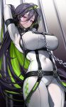  1girl arms_behind_head black_hair bodysuit breasts cameltoe covered_navel cuffs goddess_of_victory:_nikke green_hair guilty_(nikke) hair_behind_ear hair_between_eyes highres hobble huge_breasts long_hair looking_at_viewer mikan03_26 multicolored_hair prison_clothes purple_eyes skin_tight solo straitjacket two-tone_hair very_long_hair white_background white_bodysuit 
