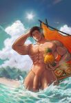 1boy abs absurdres adventurer_(ff14) bara beach black_hair completely_nude day erection facial_hair final_fantasy final_fantasy_xiv final_fantasy_xiv_dawntrail food fruit highres holding holding_food holding_fruit hyur large_pectorals looking_at_viewer male_focus mikomi_95 muscular muscular_male navel nipples nude outdoors partially_submerged pectorals penis short_hair sky smile solo testicles warrior_of_light_(ff14) water watermelon 