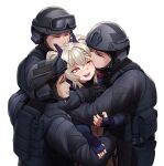  1girl 3boys black_gloves black_nails blush fingerless_gloves gloves grey_hair hair_ornament hairclip highres hug hug_from_behind indie_virtual_youtuber long_hair long_sleeves looking_at_another mochi_(chain_csn) multiple_boys nail_polish one_eye_closed open_mouth red_eyes saruei_(vtuber) scar scar_across_eye smile tears twintails virtual_youtuber 