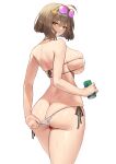  1girl absurdres ahoge anis_(nikke) ass bikini breasts brown_hair clenched_teeth clothes_lift goddess_of_victory:_nikke highres large_breasts lifted_by_self looking_at_viewer open_mouth short_hair shuiruoqing side-tie_bikini_bottom simple_background smile solo string_bikini sunglasses swimsuit teeth tight_clothes water_drop wet white_background white_bikini yellow_eyes 