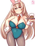  1girl alcohol animal_ears between_breasts blonde_hair blue_eyes breasts brown_pantyhose cleavage covered_navel cowboy_shot cup detached_collar drinking_glass fake_animal_ears green_leotard hair_between_eyes ice kanon_(kurogane_knights) kantai_collection large_breasts leotard long_hair looking_at_viewer necktie necktie_between_breasts one-hour_drawing_challenge pantyhose playboy_bunny rabbit_ears solo strapless strapless_leotard tray victorious_(kancolle) wrist_cuffs 