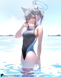  1girl animal_ears bare_arms bare_legs bare_shoulders black_one-piece_swimsuit blue_archive blue_eyes blue_halo competition_swimsuit cowboy_shot grey_hair halo medium_hair official_alternate_costume one-piece_swimsuit shiroko_(blue_archive) shiroko_(swimsuit)_(blue_archive) solo swimsuit sydus wolf_ears 
