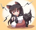  1girl animal_ears black_hair blush closed_mouth dress fangs frilled_sleeves frills hair_between_eyes imaizumi_kagerou long_hair long_sleeves red_dress red_eyes rokugou_daisuke solo tail touhou white_dress wide_sleeves wolf_ears wolf_tail 