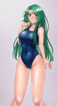  1girl ass_visible_through_thighs blue_one-piece_swimsuit breasts cecilia_(fire_emblem) fire_emblem fire_emblem:_the_binding_blade fire_emblem_heroes green_eyes green_hair grey_background hazuki_(nyorosuke) highres legs light_smile long_hair one-piece_swimsuit swimsuit thighs 