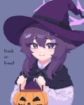  1girl basket black_cape blue_archive blush bsm_(nerdmin) cape closed_mouth commentary hair_between_eyes halloween halloween_costume halo haruka_(blue_archive) hat jack-o&#039;-lantern long_hair long_sleeves pixel_art purple_background purple_eyes purple_hair purple_halo purple_headwear simple_background smile solo trick_or_treat upper_body witch_hat 