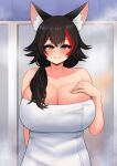  1girl absurdres animal_ear_fluff animal_ears black_hair blush breasts cleavage closed_mouth collarbone hair_between_eyes highres hololive hololive_gamers huge_breasts long_hair looking_at_viewer multicolored_hair naked_towel ookami_mio red_hair solo streaked_hair the_only_shoe towel virtual_youtuber wolf_ears wolf_girl yellow_eyes 