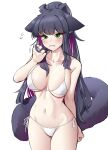  1girl absurdres animal_ears arknights bare_arms bare_shoulders bikini black_hair blush breasts cat_ears cat_tail collarbone commentary cowboy_shot crying crying_with_eyes_open green_eyes groin hand_up highres jessica_(arknights) k0ng large_breasts large_tail long_hair multicolored_hair navel purple_hair side-tie_bikini_bottom simple_background solo standing stomach swimsuit symbol-only_commentary tail tears thighs very_long_hair white_background white_bikini 