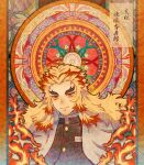  1boy akari_botan blonde_hair bright_pupils colorful demon_slayer_uniform fire highres kimetsu_no_yaiba male_focus red_hair rengoku_kyoujurou shadow smile solo translation_request upper_body white_pupils yellow_eyes 