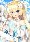  1girl :d angel angel_wings ascot bare_shoulders blonde_hair blue_eyes blue_ribbon blue_sky blush breasts cloud commentary_request crossed_bangs day detached_sleeves eyelashes eyes_visible_through_hair feathered_wings feathers glowing_feather hair_between_eyes half_updo hands_up highres knees_up leg_ribbon long_hair long_sleeves looking_at_viewer miniskirt open_hands open_mouth pleated_skirt plumtea_an quad_tails ribbon shirayuki_noa sidelocks sitting skirt sky small_breasts smile solo tenshi_souzou two_side_up very_long_hair white_ascot white_feathers white_skirt white_sleeves wide_sleeves wing_hair_ornament wings zettai_ryouiki 