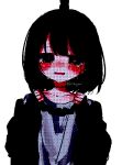  1girl black_eyes black_hair blush collarbone crying crying_with_eyes_open hands_up high_contrast highres long_sleeves looking_at_viewer oniyamakei open_mouth original pixel_art rope rope_marks shirt short_hair simple_background smile solo suicide tears upper_body white_background white_shirt 