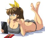  1girl absurdres ass barefoot blue_eyes bow breasts brown_hair butt_crack cleavage collarbone commentary_request commission feet_up food food_in_mouth full_body grey_panties grey_sports_bra hair_bow highres holding holding_food holding_pocky holding_tablet_pc huge_breasts legs_up long_hair looking_at_screen lying m.u.g.e.n oggy_(oggyoggy) on_stomach original panties pixiv_commission pocky pocky_in_mouth ponytail ryuko_(oggyoggy) soles solo sports_bra tablet_pc the_pose toes transparent_background underwear underwear_only yellow_bow 