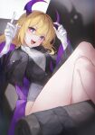  1girl :d absurdres breasts couch crossed_legs crystalherb feet_out_of_frame gloves hair_between_eyes hands_up highres horns knees_up long_hair looking_at_viewer lying on_back original purple_eyes purple_horns shadow small_breasts smile solo white_gloves wide_sleeves 