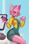  anthro artist_name bojack_horseman bottomwear breasts cellphone choker clothed clothing colored computer_monitor cropped_jacket eyebrows female form_fitting fully_clothed gold_(metal) gold_jewelry hand_over_breast headoctopus hi_res holding_object holding_phone inner_ear_fluff inside jewelry medium_breasts necklace netflix office open_mouth pencil_skirt phone phone_call pink_body princess_carolyn pupils raised_eyebrow sitting_on_desk skirt slit_pupils smartphone solo teeth thick_thighs tuft wide_hips yellow_sclera 