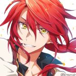  1boy aaron_wei eiyuu_densetsu falling_petals floating_hair hair_between_eyes kitsurice kuro_no_kiseki long_hair looking_at_viewer mullet petals ponytail portrait red_hair smile solo swept_bangs twitter_username white_background yellow_eyes 