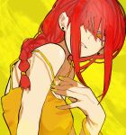  1girl braid braided_ponytail camisole chainsaw_man earrings hair_over_one_eye hair_over_shoulder head_tilt highres jewelry looking_at_viewer makima_(chainsaw_man) medium_hair orange_eyes parted_lips red_hair ringed_eyes sailen0 sidelocks smile solo stud_earrings yellow_background yellow_bracelet yellow_camisole yellow_theme 